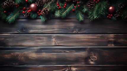 Fototapeta na wymiar new year and festive christmas background with fir tree branches and decorations on a black wooden background.