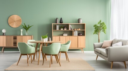 Scandinavian mid-century home interior design of modern living room with mint color chairs at round wooden dining table in room with sofa and cabinet near green wall. Generative AI