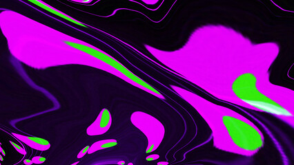 Fluid blurred neon light green purple pink stain on black background. Abstract liquid backdrop. Glitch Art trippy digital wallpaper. Template. texture. gradient. Violet spot. Metaverse portal space.