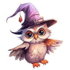 Obraz premium Cute Owl Wearing Witch Hat, Halloween Animal Watercolor Clip Art PNG, Generative AI