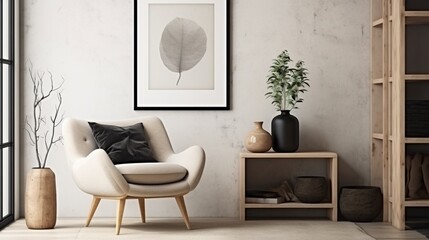 Stylish Scandinavian composition of living room with design armchair, black mock-up poster frame, commode, wooden stool, book, decoration, loft wall, and personal accessories. Generative AI