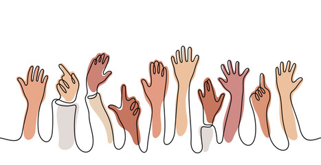 Hands rises up continuous line colourful vector illustration. Diversity people crowd. 