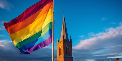 Rainbow Flag Embraces a Church Tower, Symbolizing Unity, Acceptance, and the Divine Touch of Heaven, Where Faith and LGBTQ+ Pride Coexist in Harmony