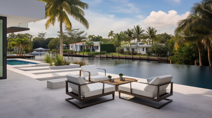 Nestled by the river, this luxurious villa boasts a contemporary design and a lush green view..