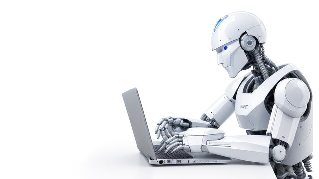 A white robot working with a laptop notebook computer on a white background. Copy space for text, advertising, message, logo