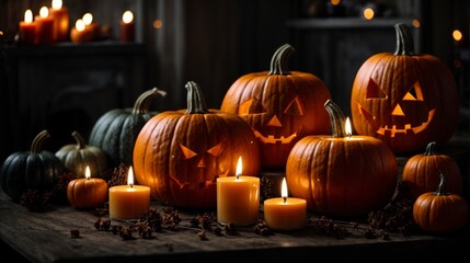 Spooky composition of halloween pumpkin and candles