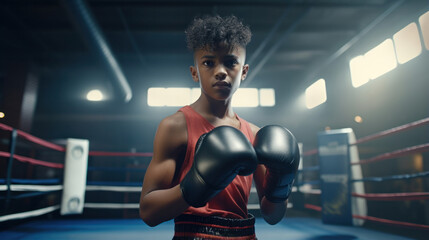 Dedicated Teen Athlete: A Young Black Boy Trains with Gloves in a Boxing Gym, Representing Youth Boxing, Fitness, and Strength Training.