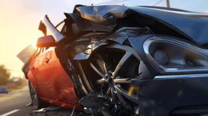 Close look at a car crash aftermath caused by careless driving.. - obrazy, fototapety, plakaty