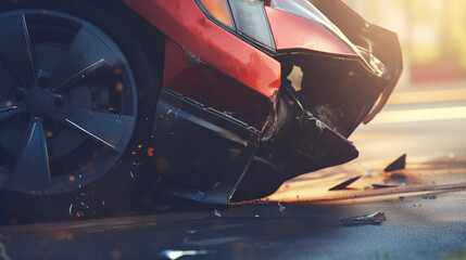 Careless driving leads to a close-up of a wrecked car on the road.. - obrazy, fototapety, plakaty