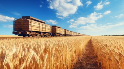 Railway train with wagons during the transportation of wheat and grain close-up, next to a wheat field and blue sky, top view, at the conclusion of a grain trade deal. - obrazy, fototapety, plakaty