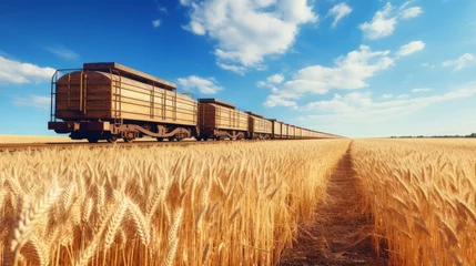 Foto op Canvas Railway train with wagons during the transportation of wheat and grain close-up, next to a wheat field and blue sky, top view, at the conclusion of a grain trade deal. © ALA