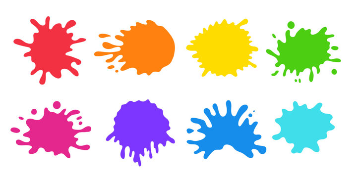 Splashes and stains of color paint or ink with drops splatter. Abstract rainbow colored blots, art blobs different shapes isolated on white background, vector flat illustration