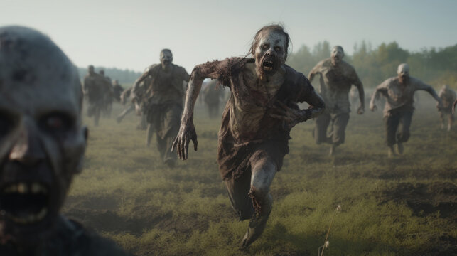 Zombie Onslaught: A Horde of Zombies Charges Across a Field, Eliciting Horror and a Thrilling Sense of Pursuit.