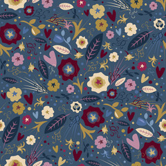 Bright doodle floral pattern on a deep blue background