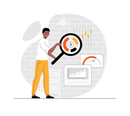 Digital business concept. Man analyze virtual data. Management, planning, strategy development online. Illustration with people scene in flat design for website and mobile development.