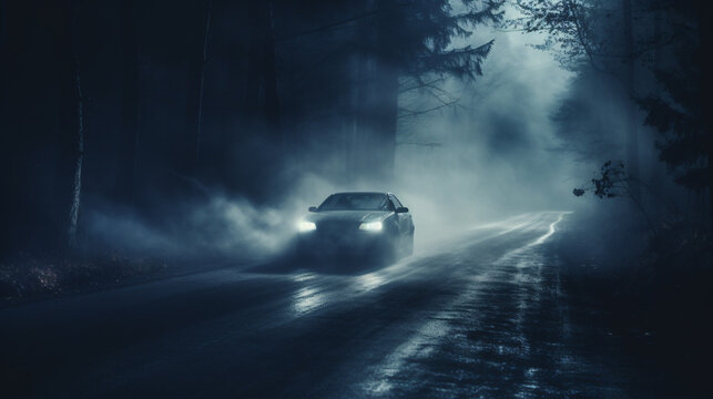 A car battles low visibility in the midst of dense nighttime fog..