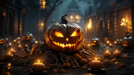 Halloween spooky background, scary jack o lantern pumpkins face. Scary creepy castle in october dark night autumn gloomy graveyard. - obrazy, fototapety, plakaty