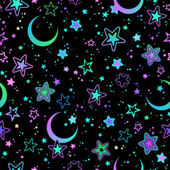 Seamless vector pattern. A scattering of bright stars and crescents on a black background