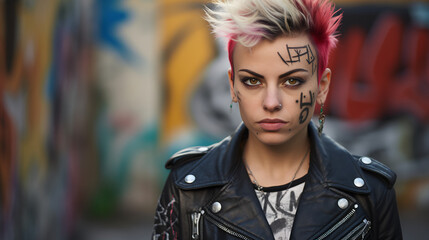 a rebellious woman with a punk-rock flair, standing amidst urban graffiti, wearing leather and studs that reflect her nonconformist attitude. 