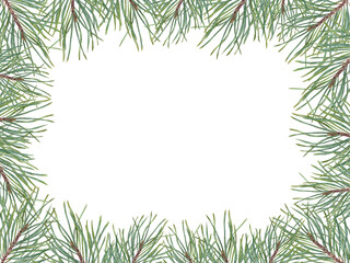 Christmas pine frame. Xmas tree branch with copy space for text. Spruce, Fir, evergreen plant. For postcard design, New Year cards, greetings. Watercolor illustration