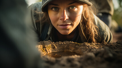 a woman archaeologist meticulously uncovering ancient artifacts at a dig site, her focus and excitement mirroring the historical significance of her discoveries - obrazy, fototapety, plakaty