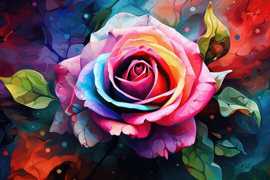 Illustration of colorful rose in watercolor style on dark background. Generative Ai