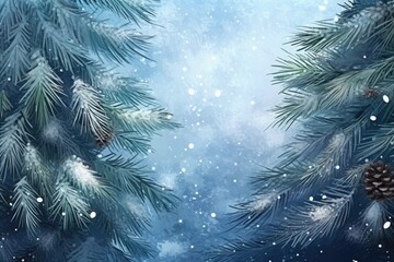 Winter background with fir branches and snowflakes. Art illustration. Generative Ai