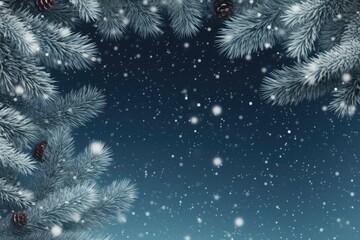 Blue Christmas background with fir branches and falling snow. Space for text. Generative Ai