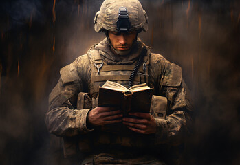 soldado de cristo lendo a biblia , fé e esperança cristã  - obrazy, fototapety, plakaty
