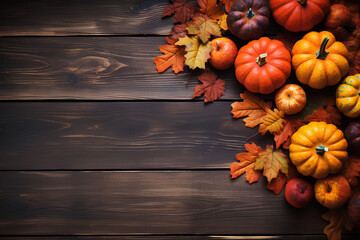 Thanksgiving background: Apples, pumpkins and fallen leaves on wooden background. Copy space for text. Halloween, Thanksgiving day or seasonal background. Design mock up.