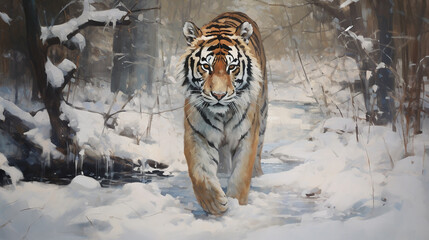 tigre poderoso na neve  - obrazy, fototapety, plakaty