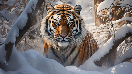 tigre poderoso na neve  - obrazy, fototapety, plakaty
