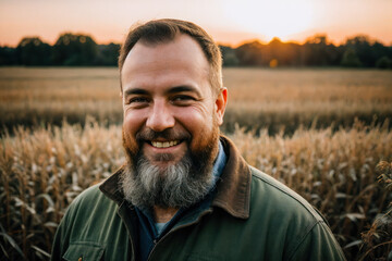 Digital portrait of the confident senior bearded Farmer standing on a farm field at early morning. Concept of ecological environment