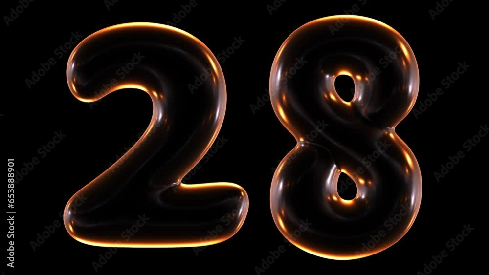 Poster seamless animation of glowing number 28 with light and reflections isolated on black background in 3