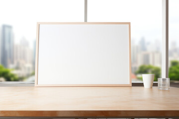 Wooden office desk with frame and empty space for text on a blurry city background.