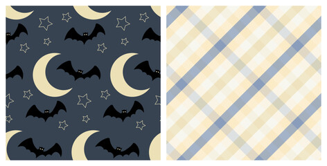 Seamless patterns set of Halloween bats flying around the moon and stars, and tartan background. Hand drawn background for Halloween party decoration, scrapbooking, greeting cards design, wall paper.