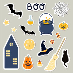 Clip art set of Halloween stickers on isolated background. Hand drawn witch hat, broom, black cat, pumpkins, potion pot, candies, cobweb, in traditional colours for Halloween celebration.