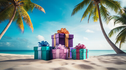 gift boxes under a palm tree on a tropical beach. ai generative