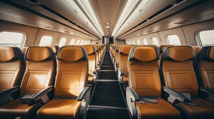 An empty cabin in a modern European economy-class train with brown-beige seats..