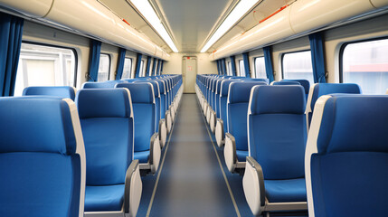 Vacant interior of a contemporary passenger train cabin.