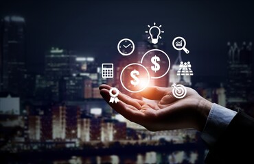 Budget planning concept, businessman hold dollar icons