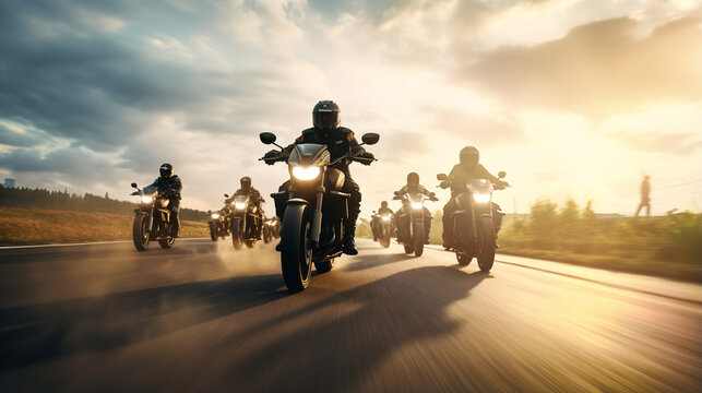 A group of motorcyclists traveling together. A group of bikers riding a high-speed motorcycle on an empty road against a beautiful cloudy sky. ai generative