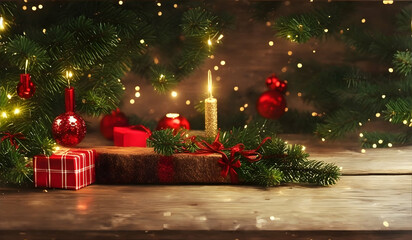 Fototapeta na wymiar Christmas tree with bokeh lights on wooden background. Space for text