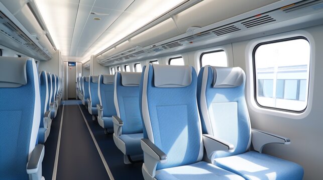 A high-speed train compartment in Europe, empty and quiet. Blue and gray seats..
