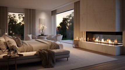 Fototapeta na wymiar A master suite with a sleek fireplace and a sitting area
