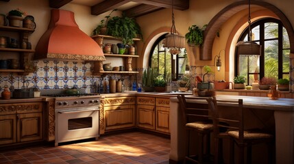A Mediterranean kitchen with terra cotta tiles and wrought iron accents
