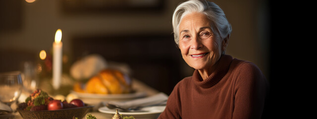 Portrait of a senior woman during Thanksgiving dinner with her family
