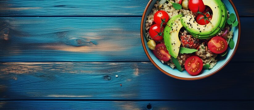 Healthy low calorie meal of salad with quinoa fresh vegetables olive oil in blue bowl tomato avocado and spinach on wooden background banner