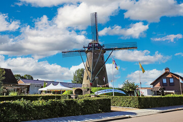 Maasbracht (Leonardus Molen), Netherlands - August 30. 2023: Ancient traditional windmill in dutch town