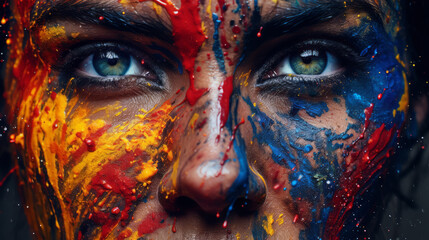 Artistic colorful portrait of a young beautiful model with face covered with thick paint.